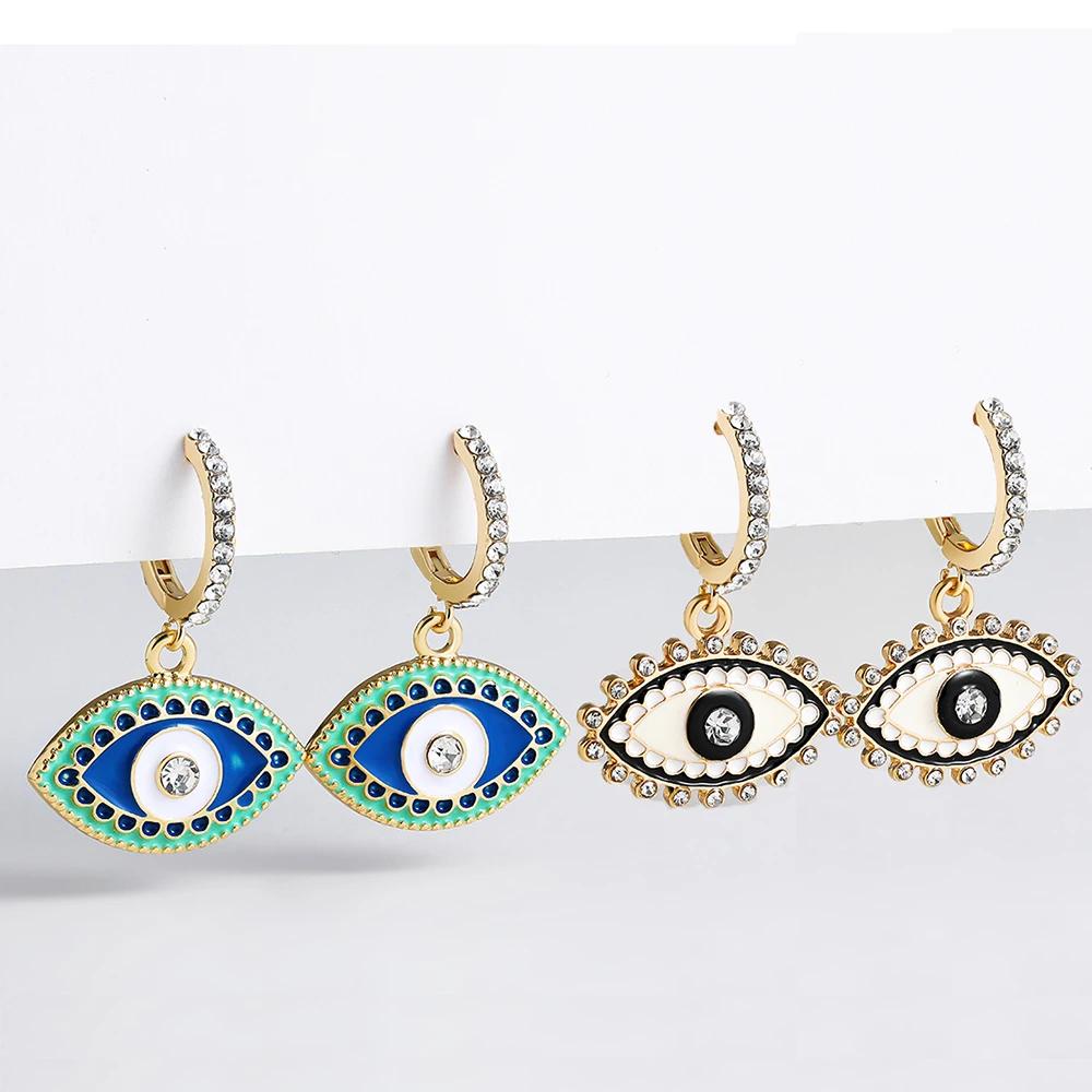 New Design Turkish Evil Eye Pendant Earrings for Women Trendy Crystal Rhinestone Circle Round Hoop Earrings Party Je